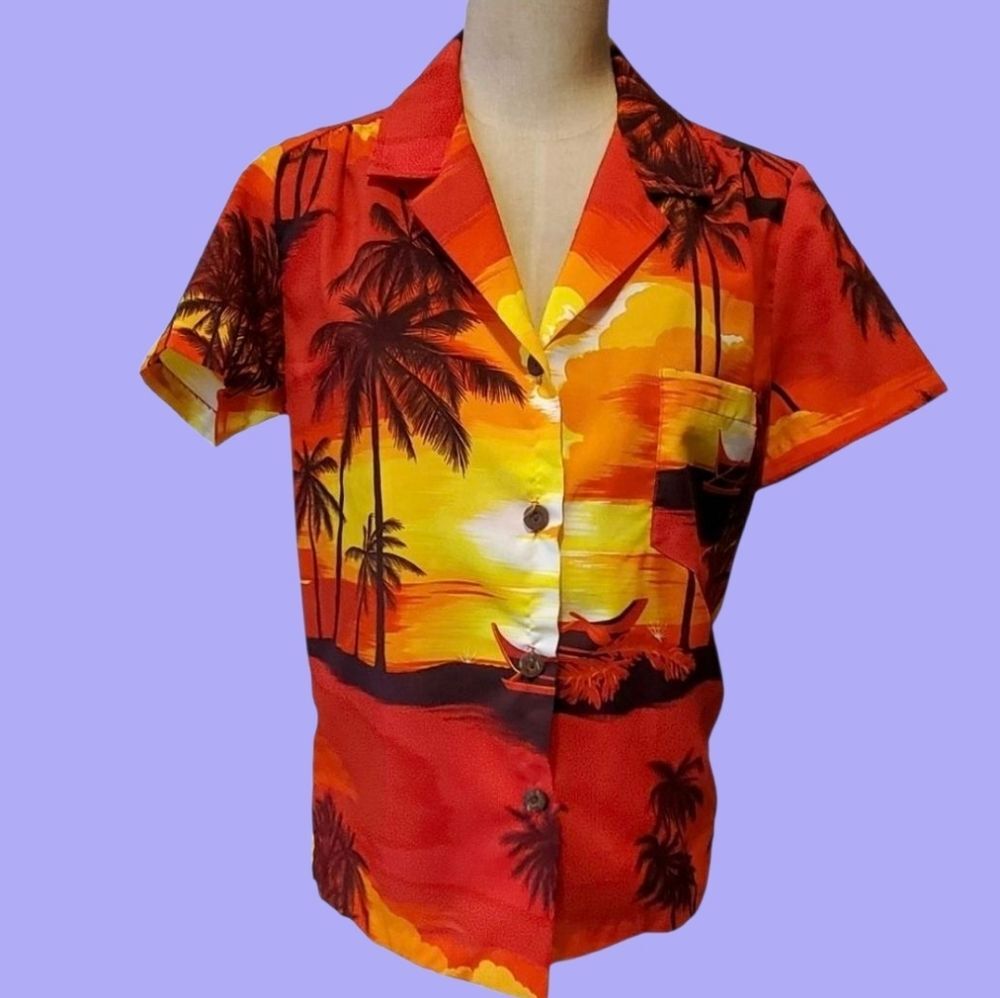 Vintage 70s Orange Sunset Hawaiian shirt women's medium